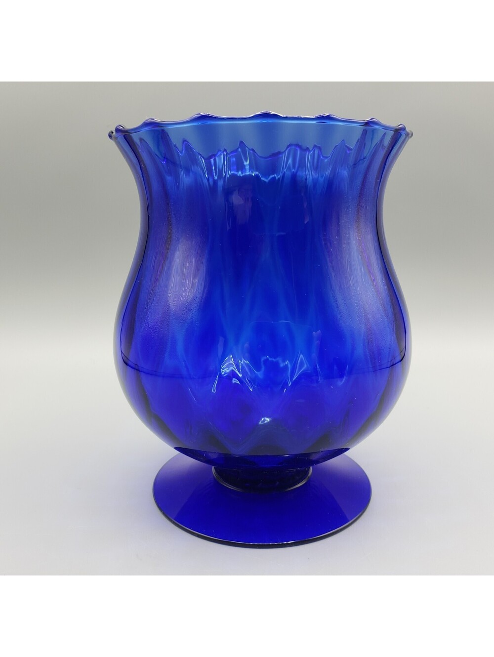 Cobalt Blue Diamond Optic Art Glass Vase Signed Princess House Wave Rim